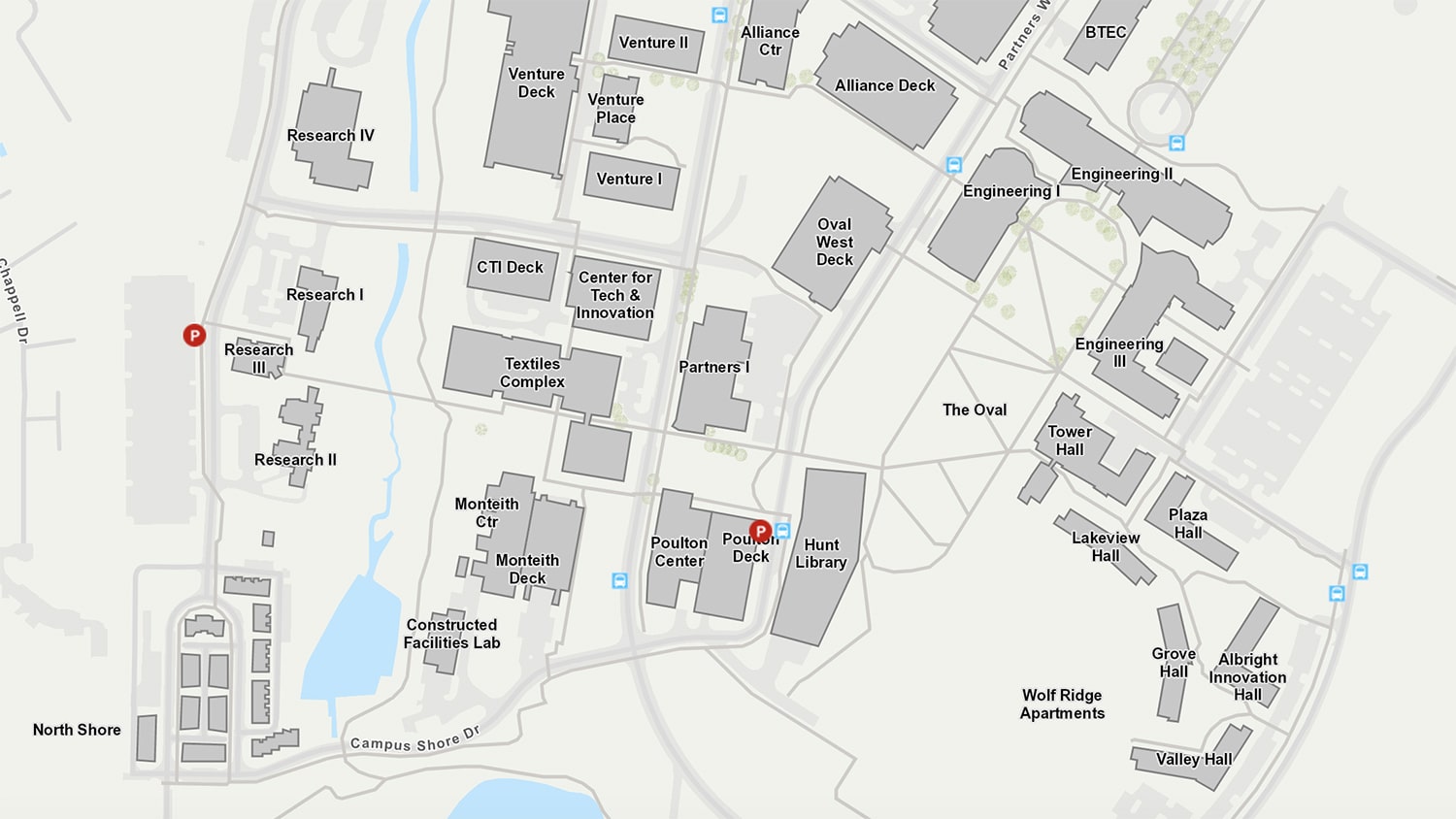 A segment of a map of NC State's Centennial Campus.