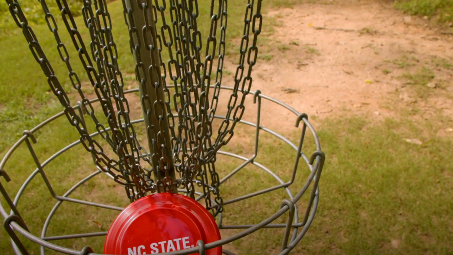 A red NC State frisbee sits in a metal disc golf basket.