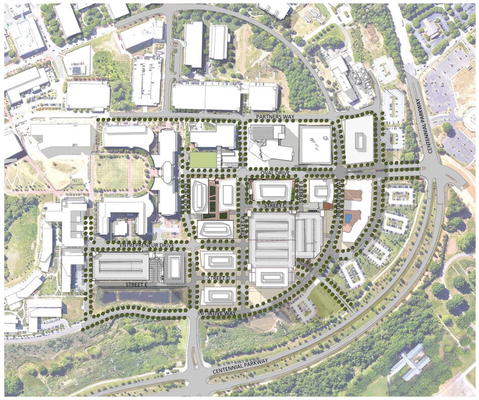 An aerial, illustrated view of plans for the innovation district on Centennial Campus.