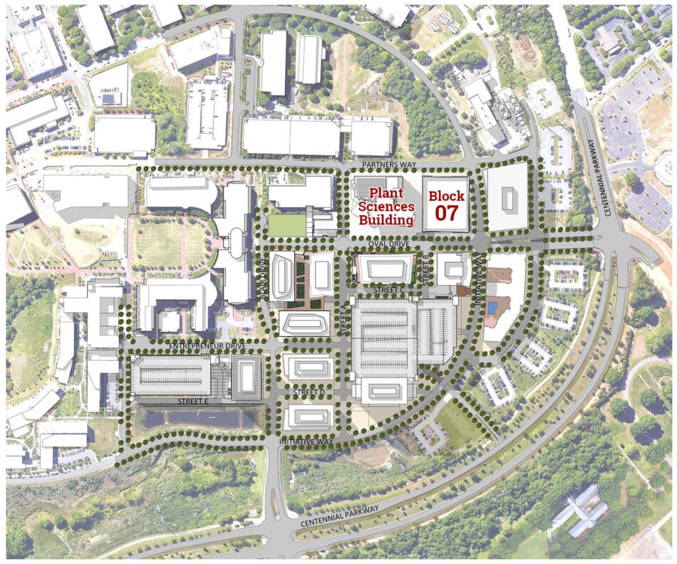 An aerial, illustrated view of plans for the innovation district on Centennial Campus. "Block 07", a planned building next to the Plant Sciences Building, is labeled.