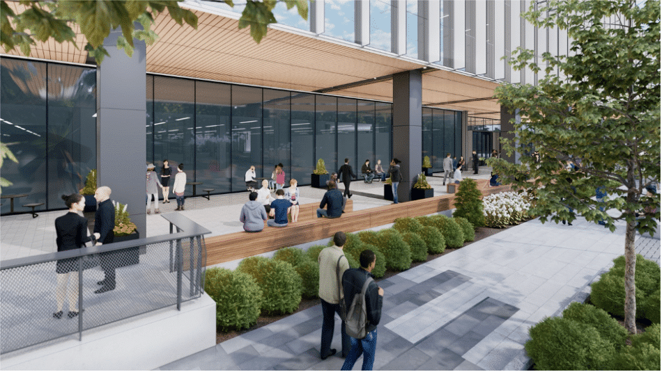 A rendering of the Block 07 building shows an exterior with a mix of steel, wood and greenery  — and plenty of space for gathering.