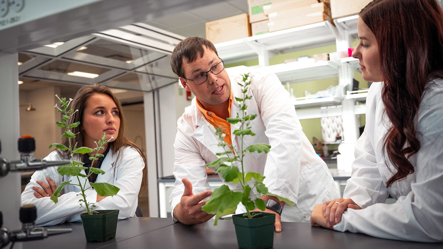 An extension agent talks with an extension intern at a lab in the Plant Sciences Building on Centennial Campus.