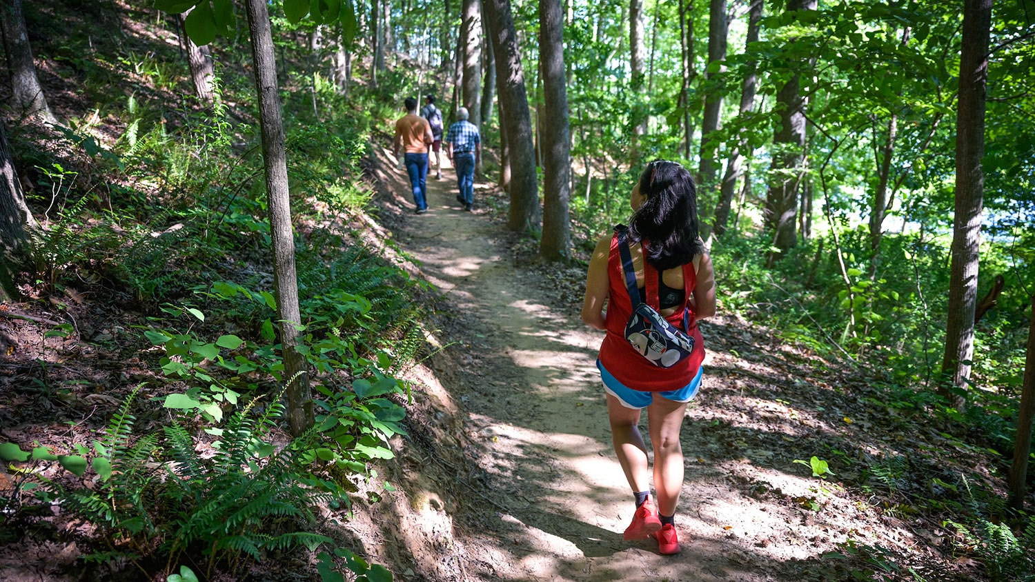 Students walk along a trail near Lake Raleigh on Centennial Campus.